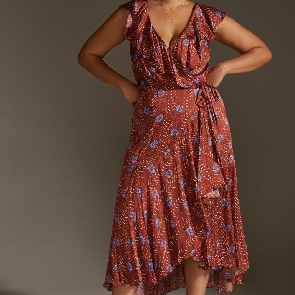 Anthropologie Rust Floral Wrap Dress with Periwinkle Accents